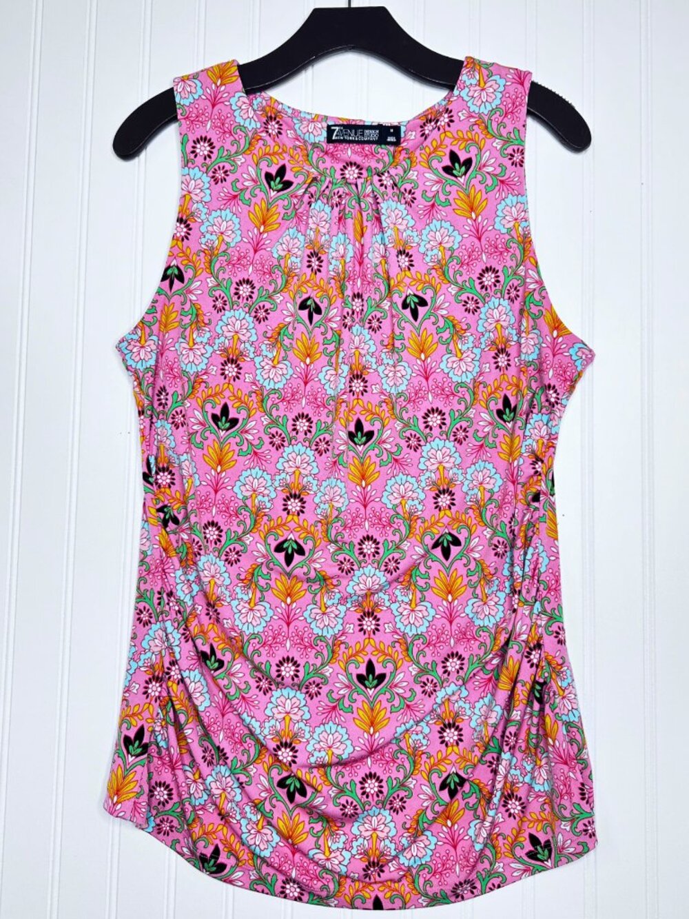 New York & Co. Women's Pink Paisley Floral Stretchy Shirred Top Blouse Size M